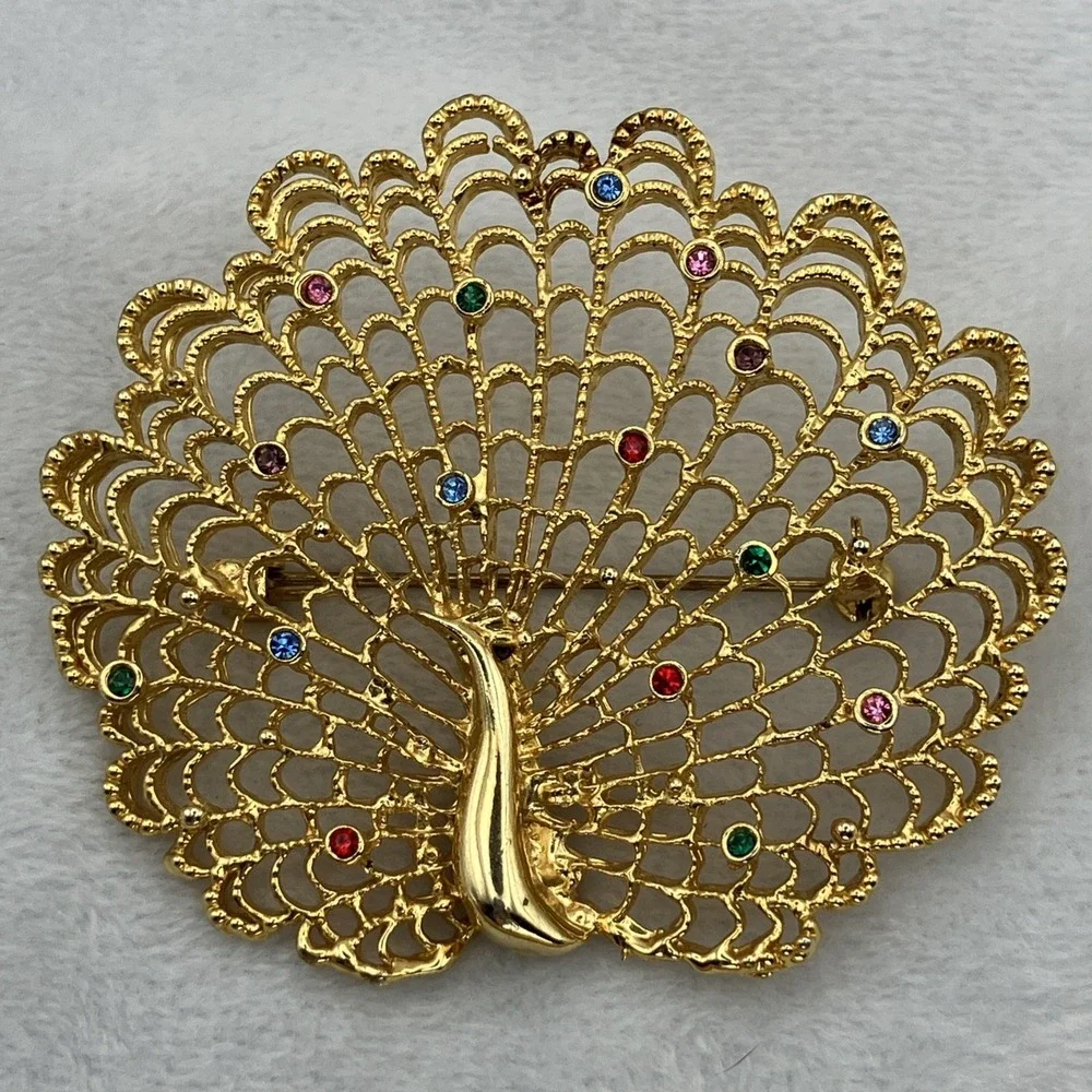 Large Gold Tone Colorful Crystal Peacock Brooch Statement Maximalist Coat Pin